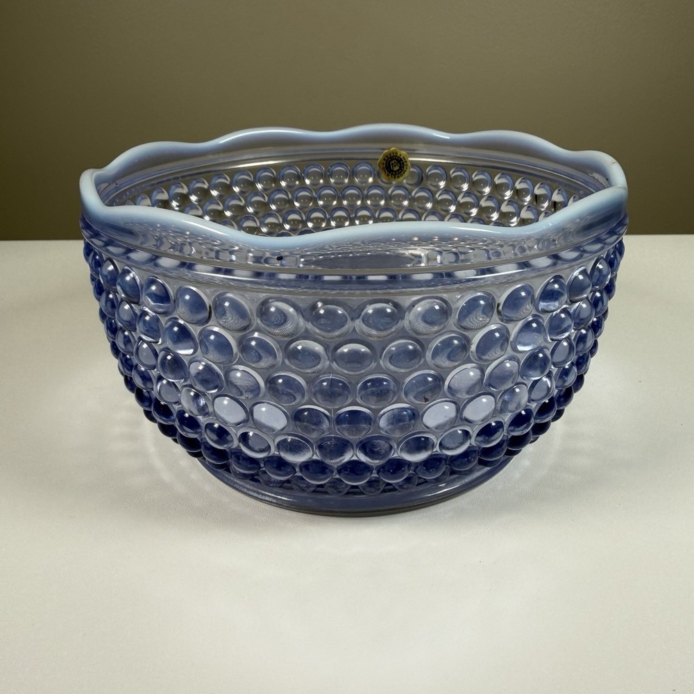 Vintage Westmoreland Blue Opalescent Hobnail Ruffled Glass Bowl NOS Label